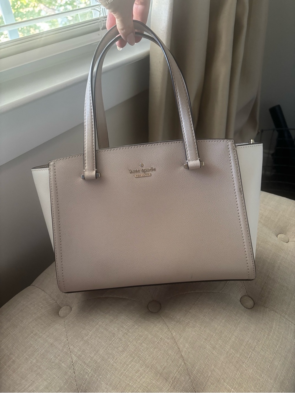 kate spade Neutral Two-Tone Pebbled Satchel (Beige & White)